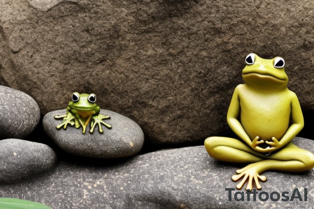 A meditating frog, cross-legged on a rock, with a leaf covering his head.

The frog should be depicted in a peaceful and serene state, with his eyes closed and a slight smile on his face. His hands should be resting on his knees in the traditional meditation pose. The rock should be large and sturdy, symbolizing the frog's stability and grounding. The leaf overhead should be lush and green, providing the frog with shelter and protection.

The overall tattoo should be calming and contemplative, conveying a sense of inner peace and harmony. It should be a reminder to the wearer to slow down, appreciate the simple things in life, and find their own inner zen.
The frog's skin could be green, with white spots.
The rock could be gray, with moss growing on it.
The leaf could be a large, heart-shaped leaf.
The background has some blue to represent sky. tattoo idea