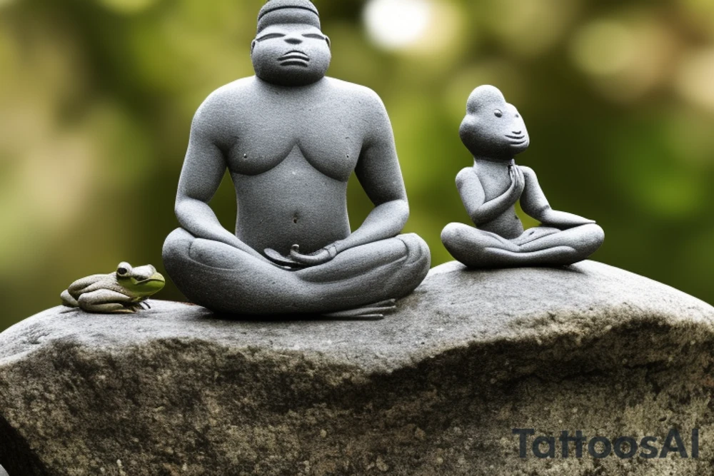 A meditating frog, cross-legged on a rock, with a leaf covering his head.

The frog should be depicted in a peaceful and serene state, with his eyes closed and a slight smile on his face. His hands should be resting on his knees in the traditional meditation pose. The rock should be large and sturdy, symbolizing the frog's stability and grounding. The leaf overhead should be lush and green, providing the frog with shelter and protection.

The overall tattoo should be calming and contemplative, conveying a sense of inner peace and harmony. It should be a reminder to the wearer to slow down, appreciate the simple things in life, and find their own inner zen.
The frog's skin could be green, with white spots.
The rock could be gray, with moss growing on it.
The leaf could be a large, heart-shaped leaf.
The background has some blue to represent sky. tattoo idea