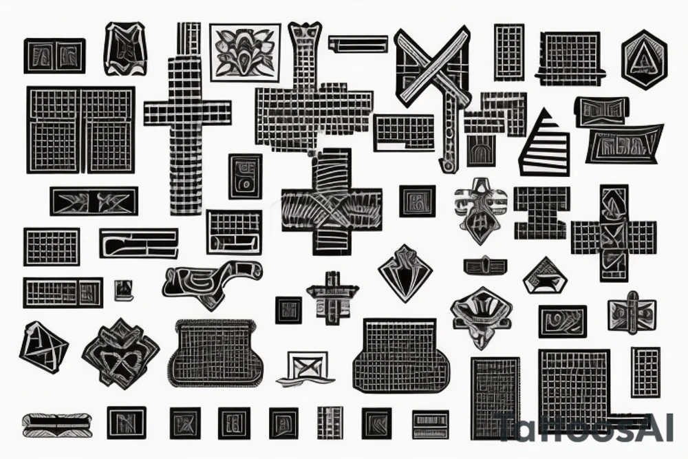 Retro cross, blocks, made of blocks, digital tattoo idea Retro cross, blocks, made of blocks, digital tattoo idea