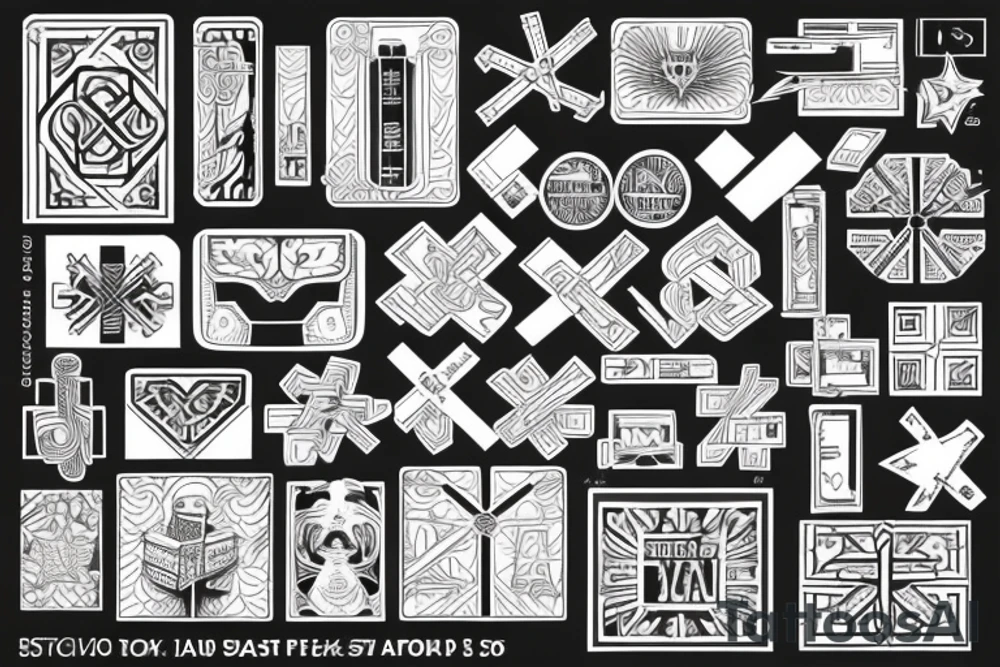 Retro cross, blocks, made of blocks, digital tattoo idea