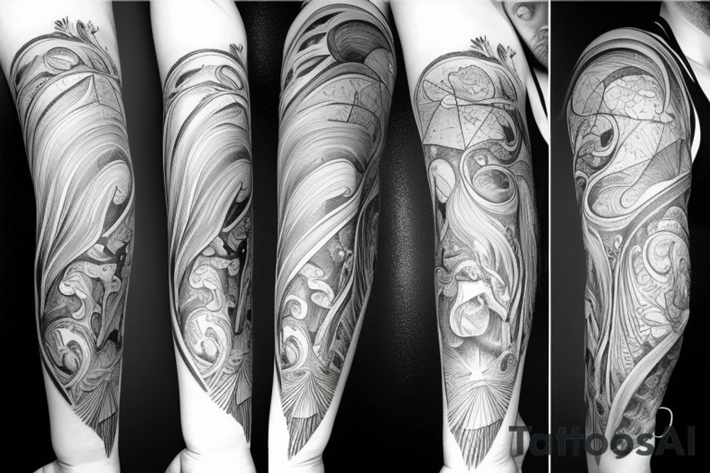 Forearm sleeve with libra, horse and nature elements tattoo idea