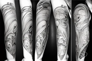 Forearm sleeve with libra, horse and nature elements tattoo idea