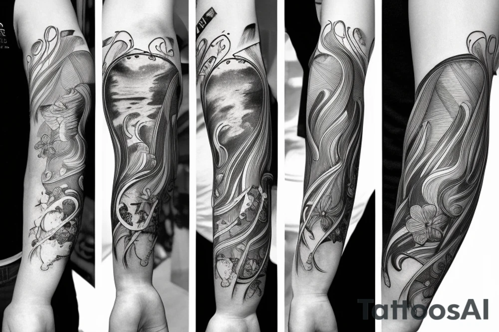 Forearm sleeve with libra, horse and nature elements tattoo idea