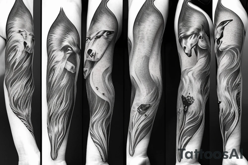 Forearm sleeve with libra, horse and nature elements tattoo idea