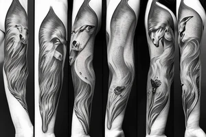 Forearm sleeve with libra, horse and nature elements tattoo idea