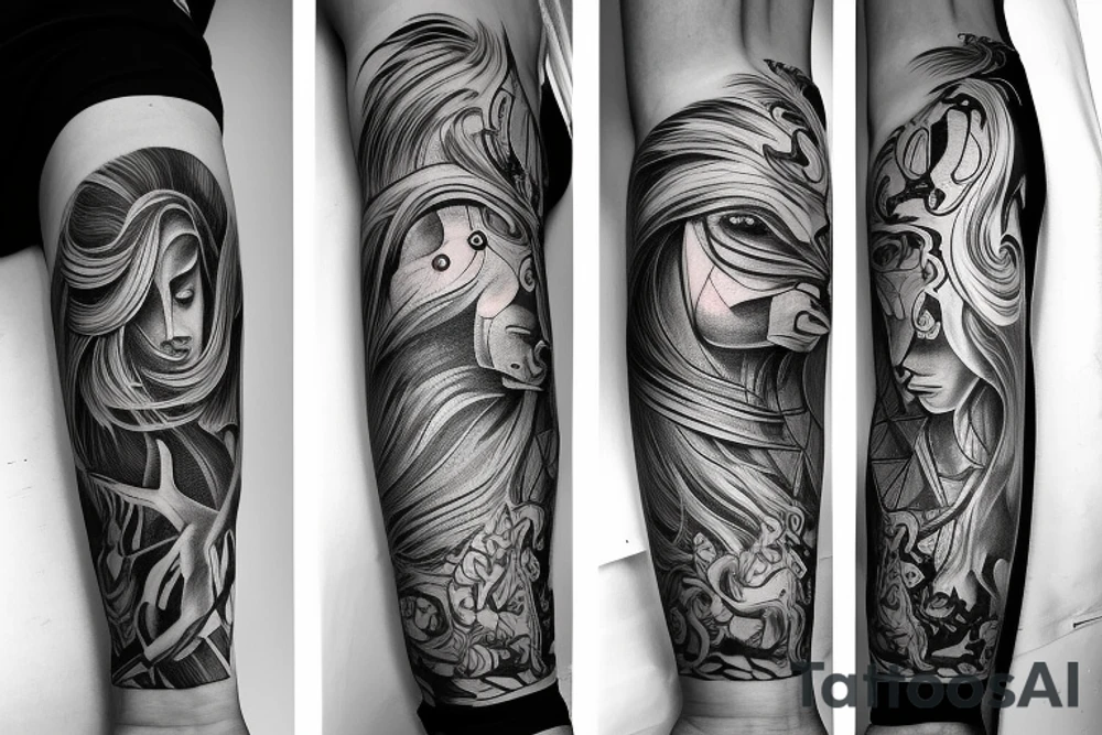 Forearm sleeve with libra, horse and nature elements tattoo idea