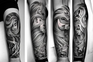 Forearm sleeve with libra, horse and nature elements tattoo idea