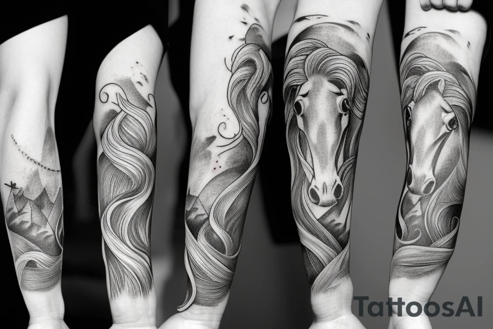 Forearm sleeve with libra, horse and nature elements tattoo idea
