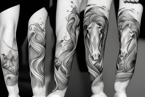 Forearm sleeve with libra, horse and nature elements tattoo idea