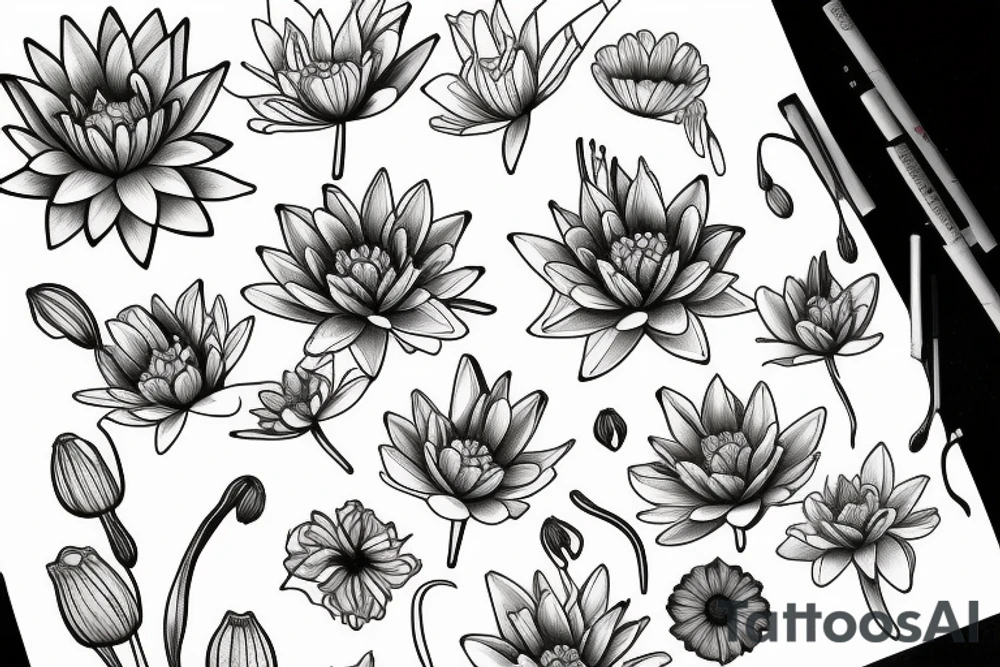 water lily, cosmo flower, carnation, lily and poppy flowers tattoo idea