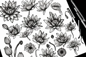water lily, cosmo flower, carnation, lily and poppy flowers tattoo idea