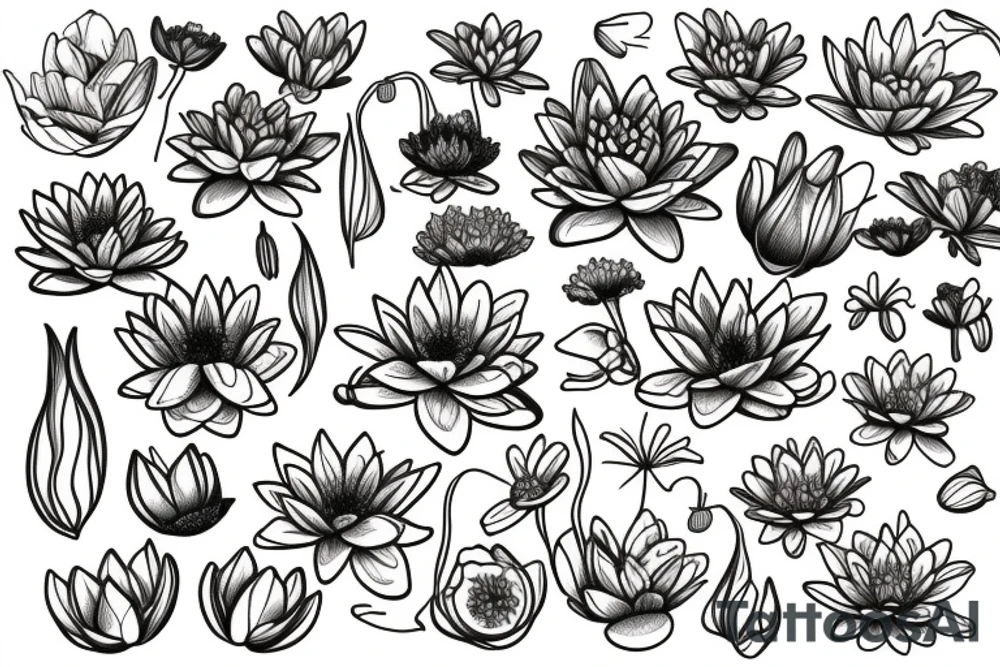 water lily, cosmo flower, carnation, lily and poppy flowers tattoo idea