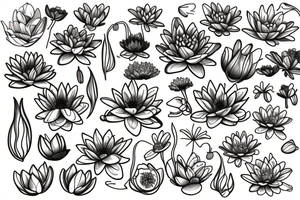 water lily, cosmo flower, carnation, lily and poppy flowers tattoo idea