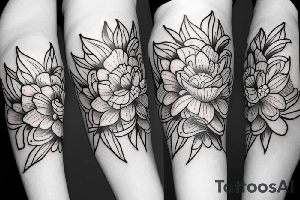 flower bicep tattoo with water lily, cosmo flower, carnation flower, lily flower and poppy flowers tattoo idea