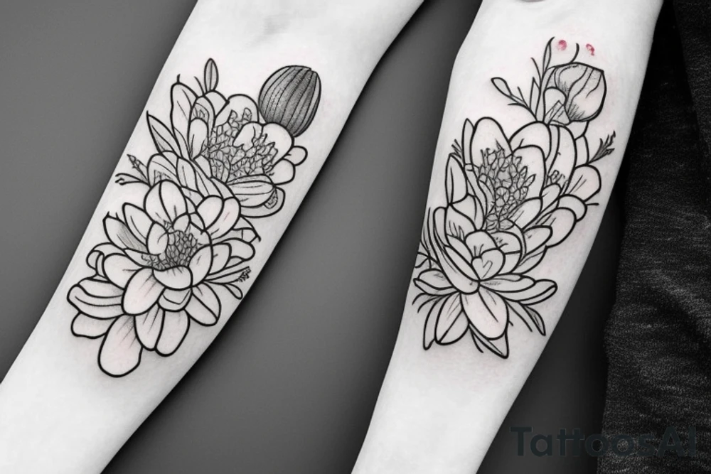 flower bicep tattoo with water lily, cosmo flower, carnation flower, lily flower and poppy flowers tattoo idea