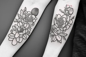 flower bicep tattoo with water lily, cosmo flower, carnation flower, lily flower and poppy flowers tattoo idea