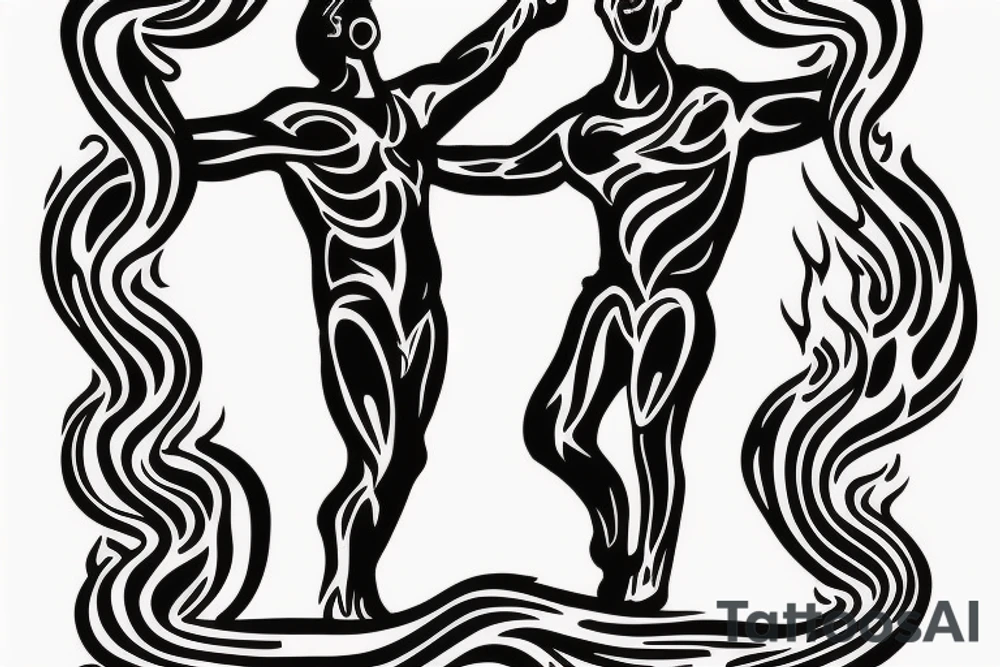 A standing man on fire, with arms open as though wanting to hug. tattoo idea