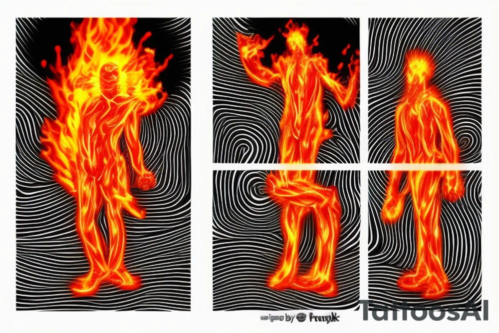 A standing man made of flames with arms open as though wanting to hug. tattoo idea