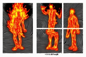 A standing man made of flames with arms open as though wanting to hug. tattoo idea