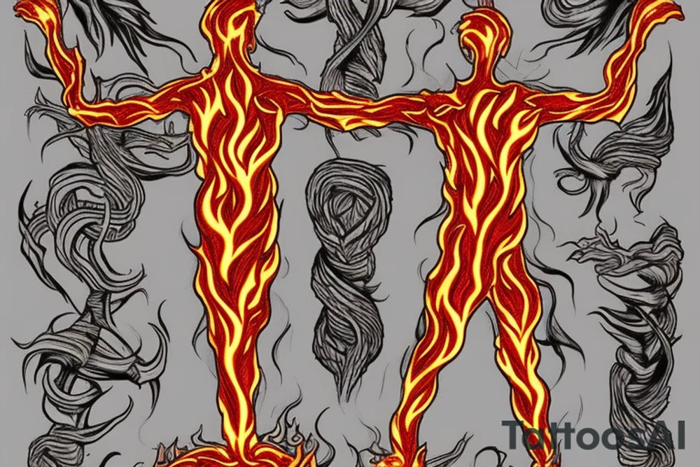 A standing man made of flames with arms open as though wanting to hug. tattoo idea