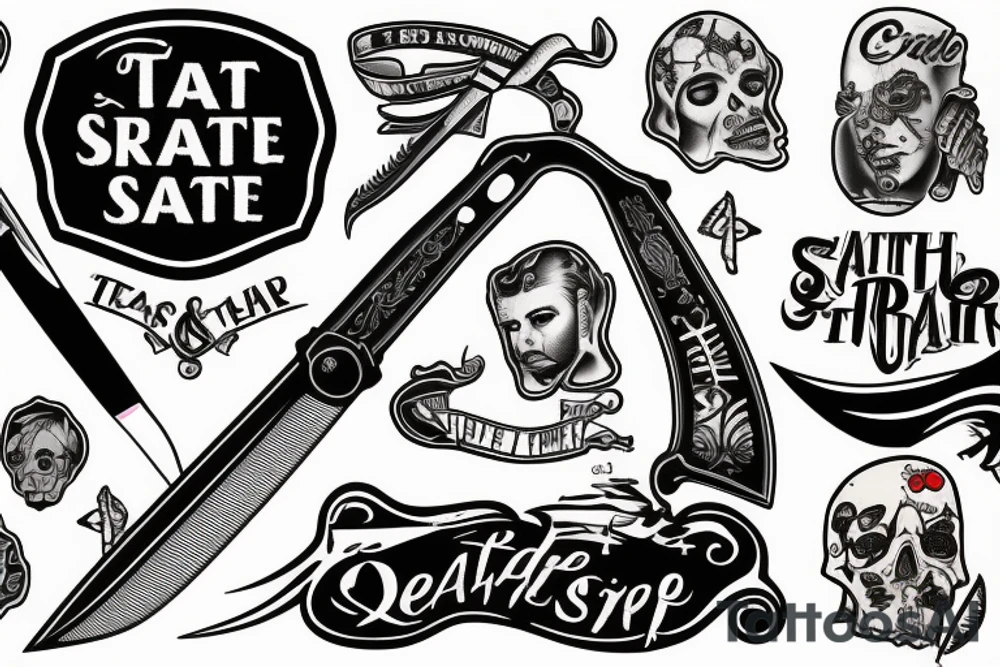 Cutthroat razor, severed ear, text that says please sit still tattoo idea