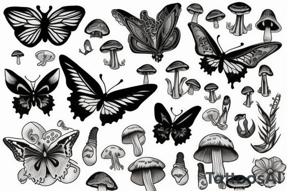 Arm sleeve, butterfly, mushrooms, gecko, tattoo idea