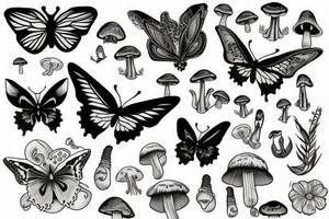 Arm sleeve, butterfly, mushrooms, gecko, tattoo idea