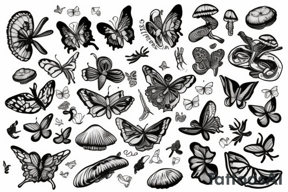 Arm sleeve, butterfly, mushrooms, gecko, tattoo idea