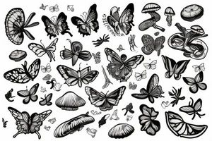Arm sleeve, butterfly, mushrooms, gecko, tattoo idea
