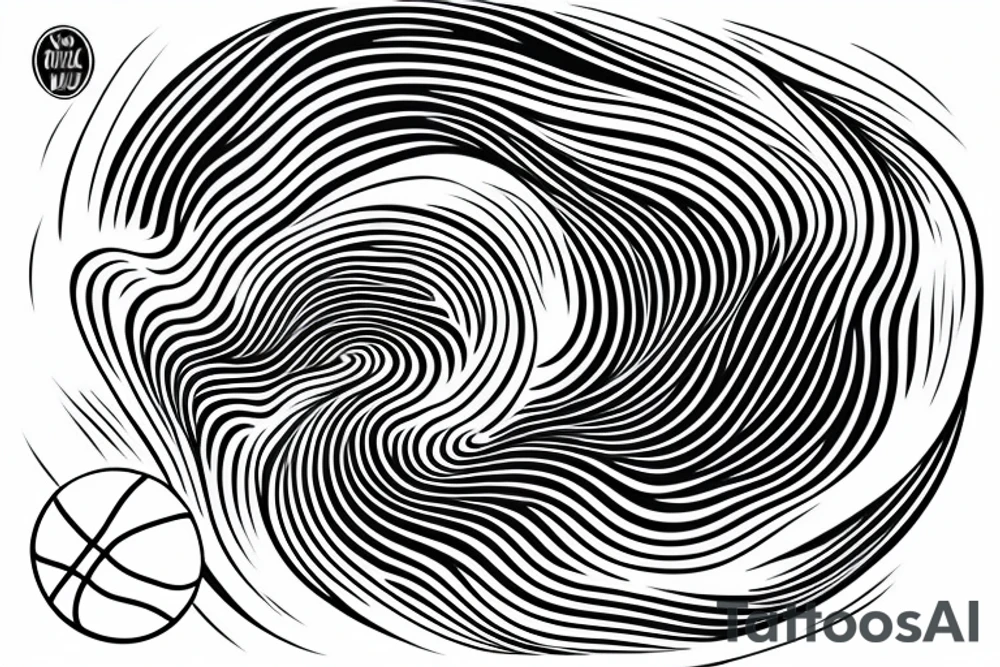Design an ocean wave breaking on a basketball board and a ball moving around, make it dynamic and abstract tattoo idea