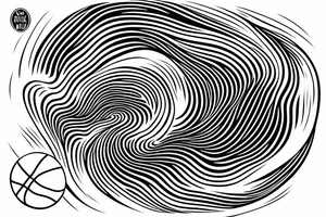 Design an ocean wave breaking on a basketball board and a ball moving around, make it dynamic and abstract tattoo idea