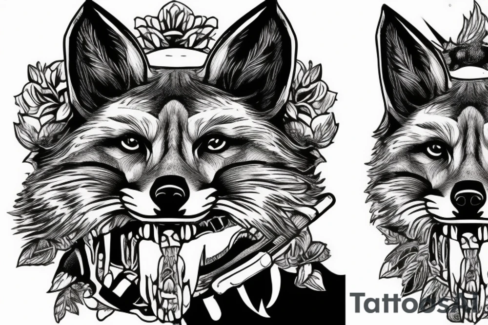 Fox head seen from the front, holding a bayonet in his mouth tattoo idea