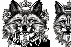 Fox head seen from the front, holding a bayonet in his mouth tattoo idea