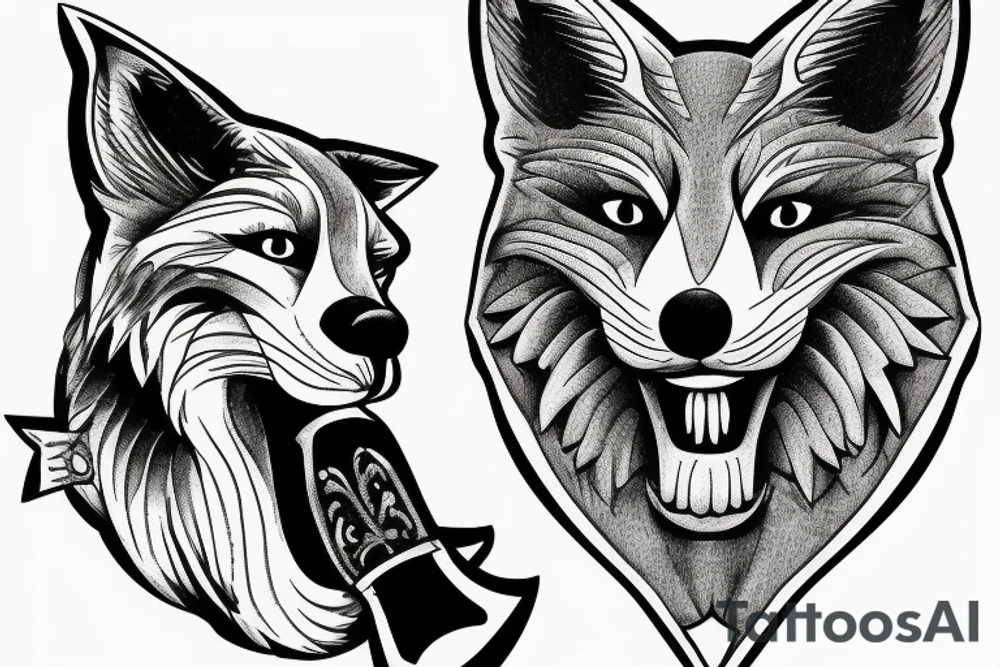 Fox head seen from the front, holding a bayonet in his mouth tattoo idea