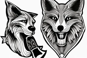 Fox head seen from the front, holding a bayonet in his mouth tattoo idea