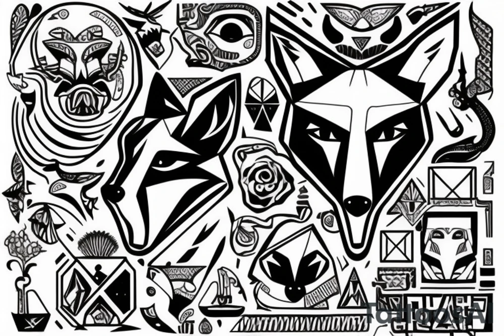 Fox head seen from the front, holding a knife in his mouth tattoo idea