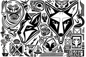 Fox head seen from the front, holding a knife in his mouth tattoo idea