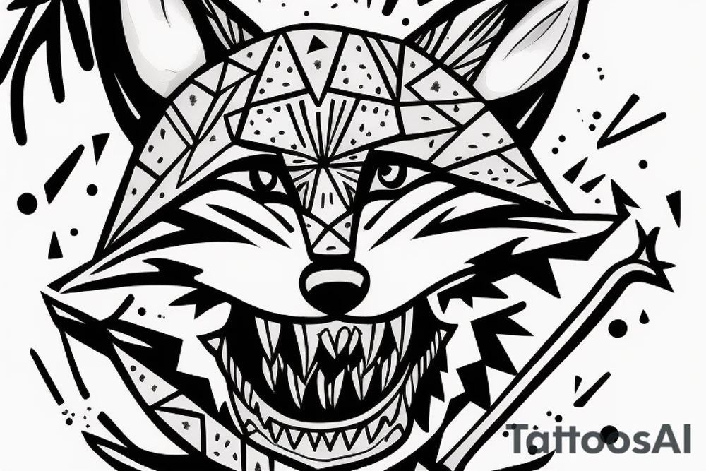 Fox head seen from the front, holding a knife in his mouth tattoo idea
