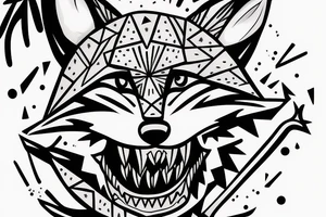 Fox head seen from the front, holding a knife in his mouth tattoo idea