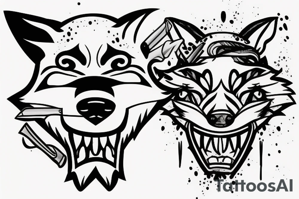Fox head seen from the front, holding a knife in his mouth tattoo idea