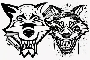 Fox head seen from the front, holding a knife in his mouth tattoo idea