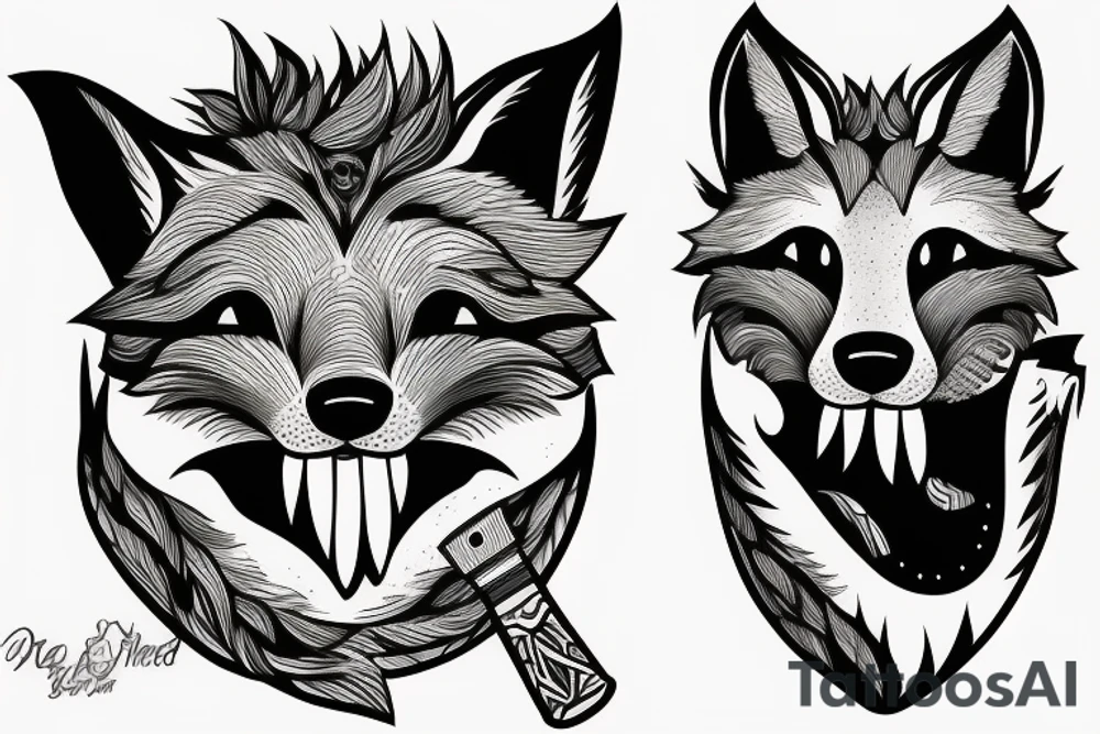 Fox head seen from the front, holding a knife in his mouth tattoo idea
