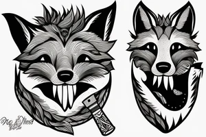 Fox head seen from the front, holding a knife in his mouth tattoo idea