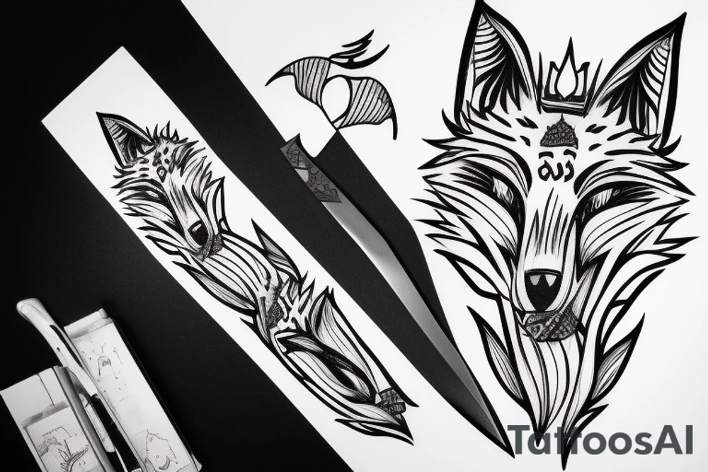 Fox head seen from the front, holding a knife in his mouth tattoo idea