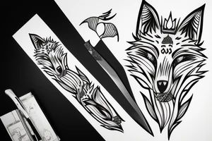 Fox head seen from the front, holding a knife in his mouth tattoo idea