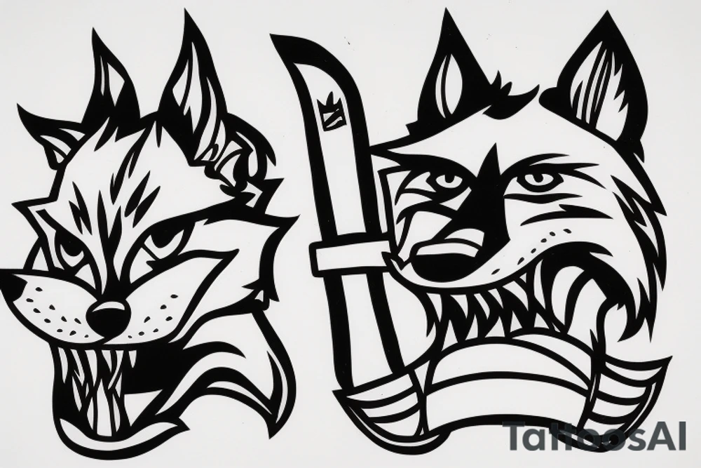 Fox head seen from the front, holding a knife in his mouth tattoo idea