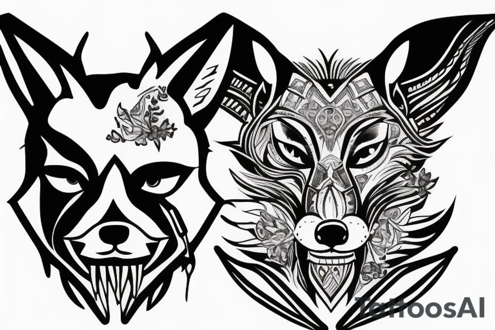 Fox head seen from the front, holding a knife in his mouth tattoo idea