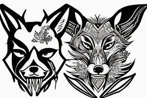 Fox head seen from the front, holding a knife in his mouth tattoo idea