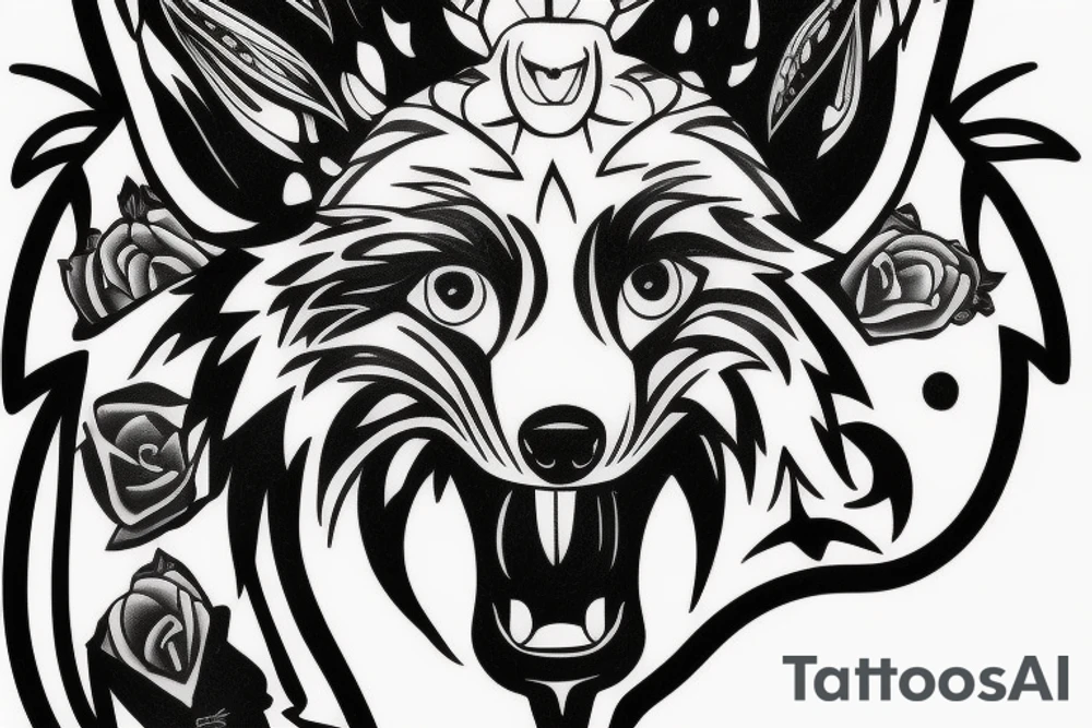 Fox head seen from the front, holding a knife in his mouth tattoo idea