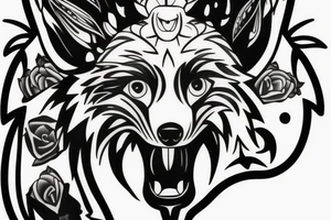 Fox head seen from the front, holding a knife in his mouth tattoo idea